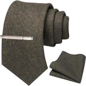 Solid Color Cashmere Wool Necktie and Pocket Square Tie Clip Sets for